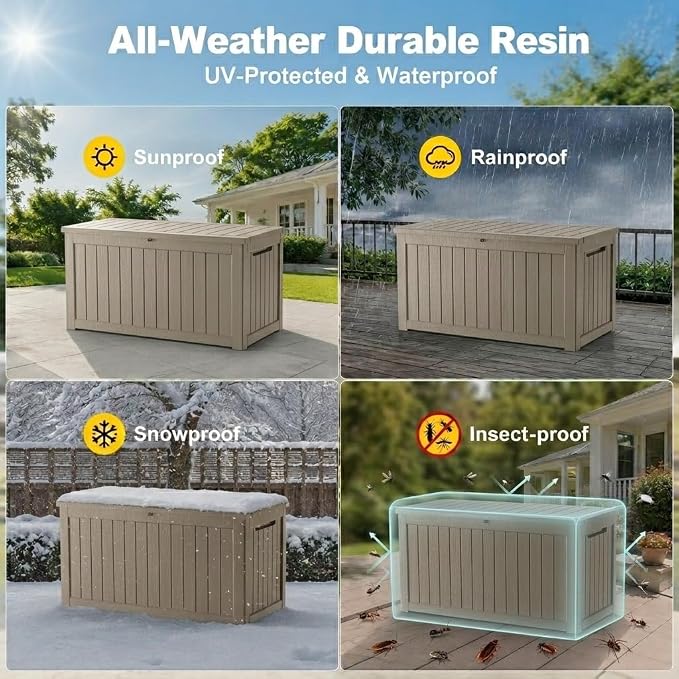 150 Gallon Outdoor Storage Box Resin Deck Box All Weather Waterproof Large Lockable Storage Container Deck Box for Patio Furniture, Garden Tools, Lockable, Gray New