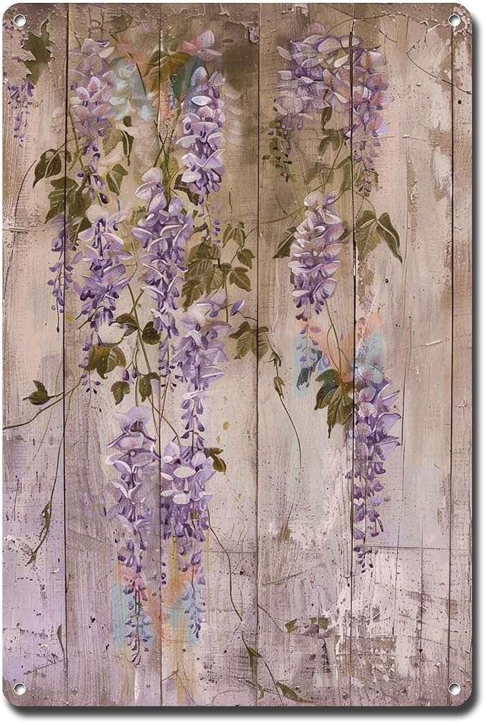 Metal Sign Tin Sign Vintage Wall Art Shabby Chic Wisteria Tin Sign for Antique Garden Charm Rustic Wall Art and Distressed Wood Panels Funny Bathroom Wall Decor for Room 12×16 Inches