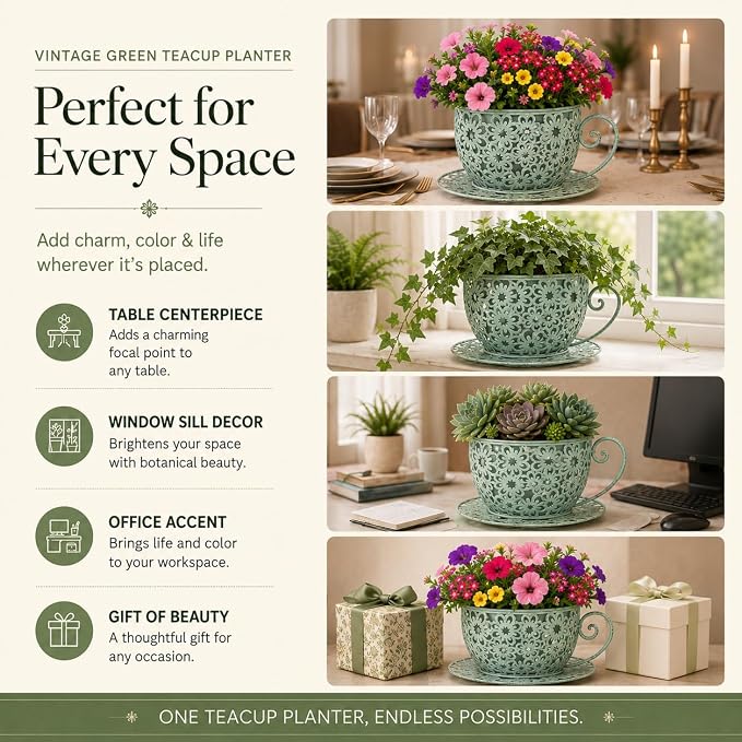 12 Inch Antique Metal Teacup Planter for Outdoor Plants Teapot Planter Floral Hollow Out Decorative Rustic Iron Flower Pot for Summer Garden Patio Home Decor (Vintage Green)