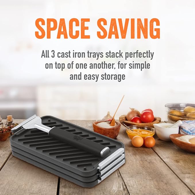Yukon Glory Cast Iron Tray Set | 3 Grooved Cast Iron Pans & Clip-On Handle | Pre-Seasoned | Commercial-Grade | Grill to Table | Gas, Charcoal & Campfire
