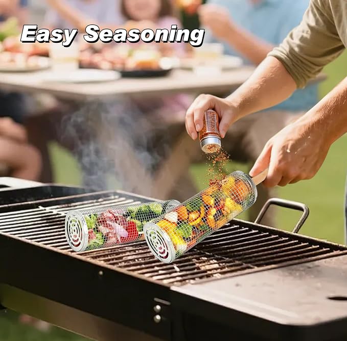 2PCS Rolling Grill Basket Grilling Accessories - Removable Wooden Handle, 304 Stainless Steel,Nesting Barbecue Tools,Smoker BBQ Accessories for Vagetable,Outdoor Cooking Camping,Picnic,Dinner Party,Gifts for Men Dad and Husband