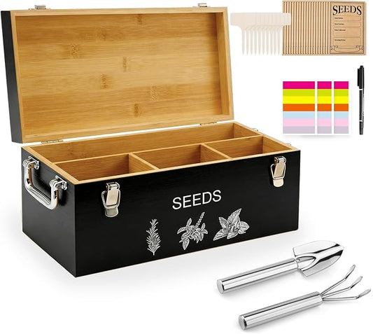Natural Bamboo Seed Storage Organizer Box – Large Seeds Saver Kit Included Stainless Steel Garden Tools, 20 Seed Envelopes, 10 Wooden Plant Labels, Mark Pen & 3 Color Stickers