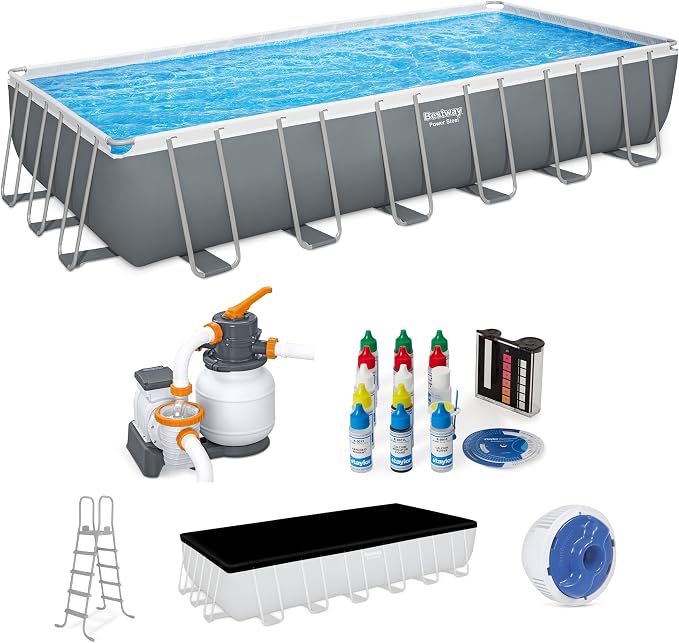 Bestway Power Steel 24' x 12' x 52" Above Ground Pool Set with Test Kit | Durable Rectangular Metal Frame Outdoor Backyard Pool - Sand Filter Pump, Ladder, Cover, and Test Kit Included