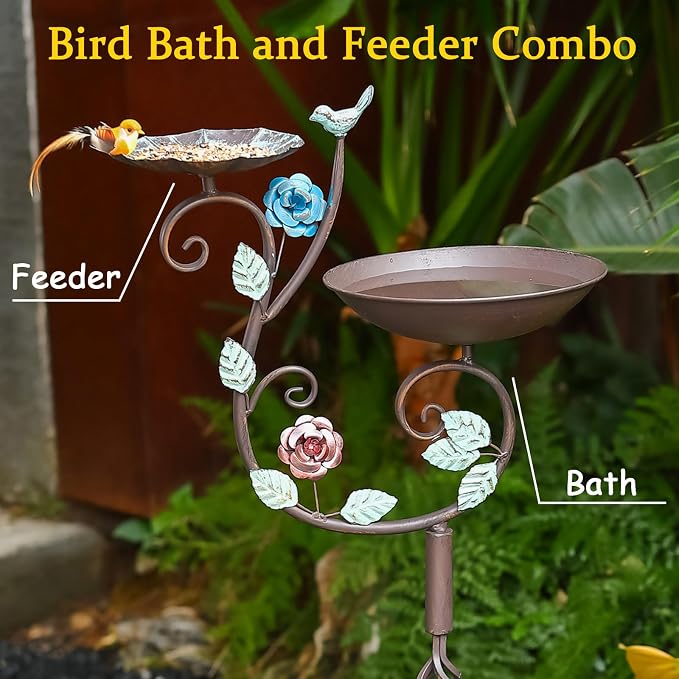 Metal Bird Bath and Feeder for Outdoors, Freestanding 39.4" H 2-in-1 Birdbaths with Cast Iron Pedestal, Retro Vine Shaped Standing Combo for Outside Garden Patio Porch