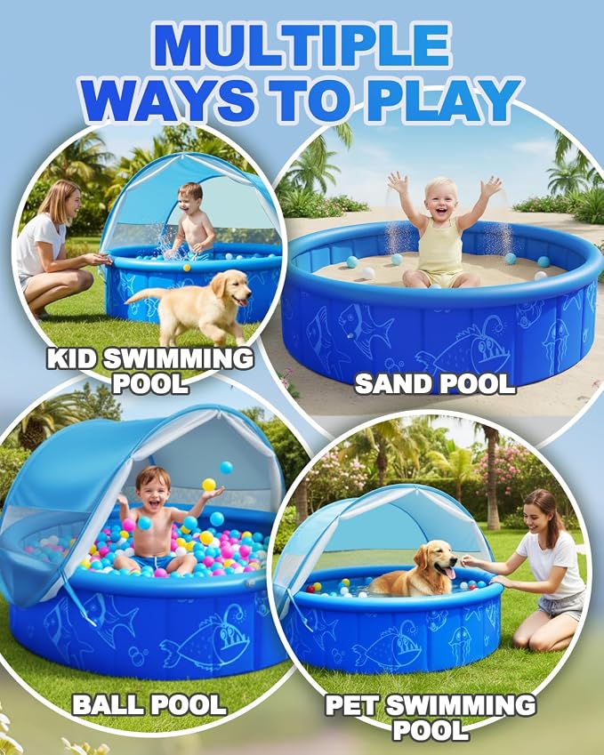 2026 Updated Foldable Kiddie Pool with Canopy and 20 Ocean Balls: 47in for Baby Toddler Kids- Summer Water Play Pool with Sprinkler and Shade - Portable for Outdoor Backyard Beach