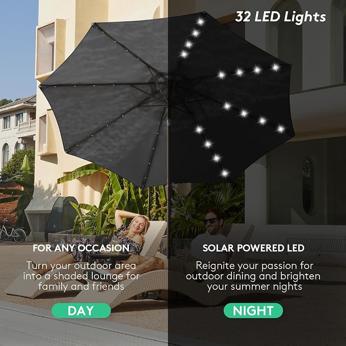 JEAREY 9FT Outdoor Patio Umbrella with Solar Lights, LED Lighted Pool Umbrella with Tilt and Crank, Outdoor Table Umbrellas for Deck, Yard & Market (Dark Gray)