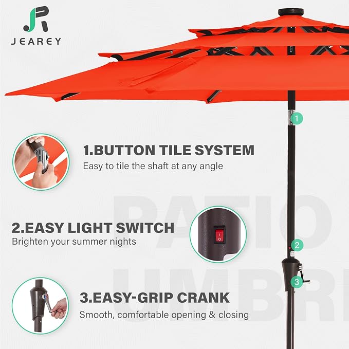 JEAREY 3 Tiers Patio Umbrella with Solar Lights 9ft Outdoor Market Table Umbrellas with Push Button Tilt for Outside Pool Garden, Orange