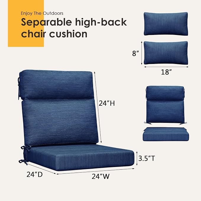 Outdoor High Back Chair Cushion, 2 Pack 48 x 24 inches Patio Chair Cushions Water Repellent Rocking Cushions Indoor Furniture Seat Pad with 2 Pillows, Navy