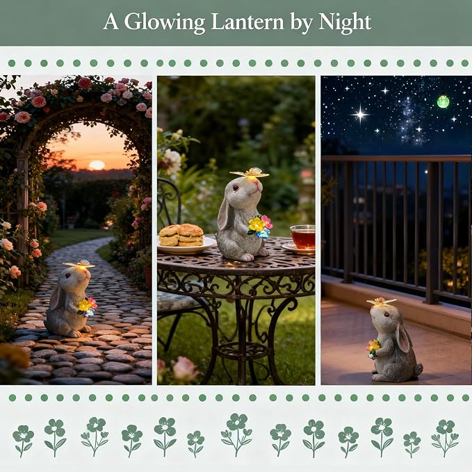 Bunny Garden Decor Solar Light Figurine, Rabbit with Butterfly Sculpture, Outdoor Waterproof Resin for Patio Porch Backyard, Mother's Day Easter Spring Gift for Mom/Grandma, Housewarming New Home Gift