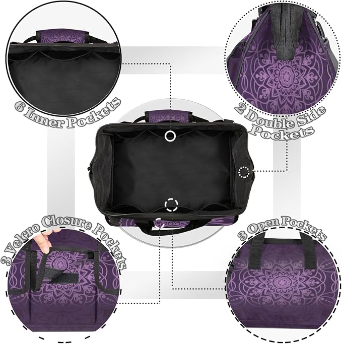 Purple marble pattern Tool Bag – Heavy-Duty Multi-Pocket 14+ Pockets (6 Inner + 6 Outer + 2 Side), Removable Shoulder Strap, for Construction, Gardening, Camping, Travel – 14.8 x 9.1 x 10 Inches