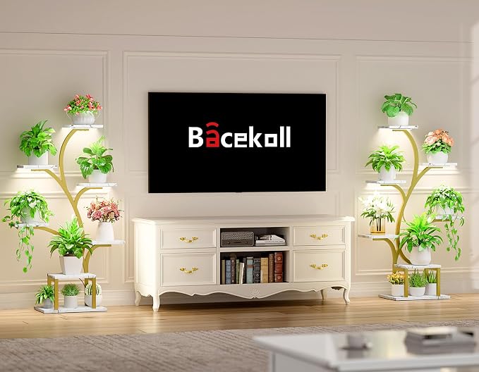 BACEKOLL Plant Stand Indoor with Grow Lights, 7 Tiered Indoor Plant Shelf, 49" Corner Plant Stands for Indoor Plants, Metal Plant Flower Display Shelf, Tree-Shaped Plant Rack for Home, Faux Marble