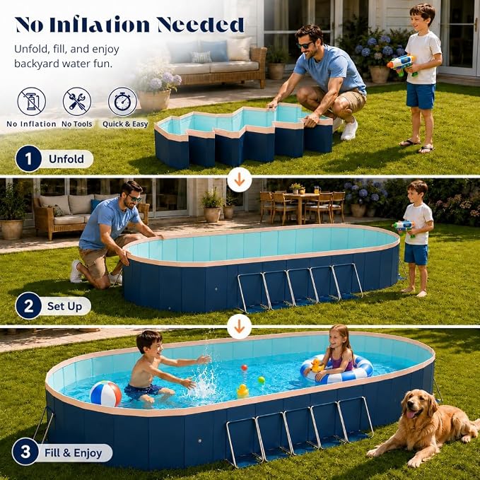 12 ft Foldable Non-Inflatable Swimming Pool, 143.70 x 98.43 x 19.69 in, Blue PVC Backyard Pool with Aluminum Alloy Triangle Supports for 3 Adults and 5 Children