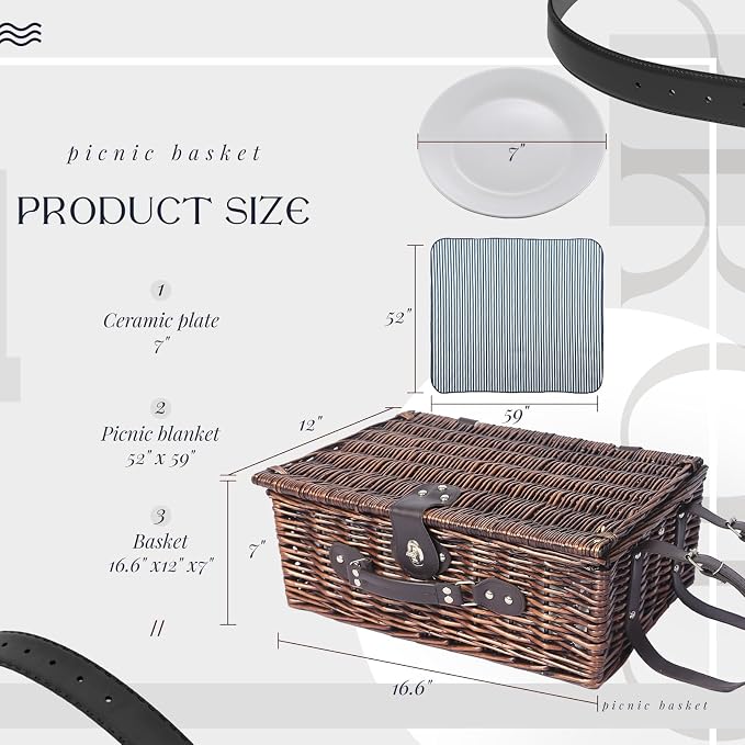Picnic Basket Set for 4 with Waterproof Blanket Mat Insulation Bag Wicker Navy Blue Vintage Classic Gift for Christmas Thanksgiving Wedding Birthday Camp Outdoor Beach Travel