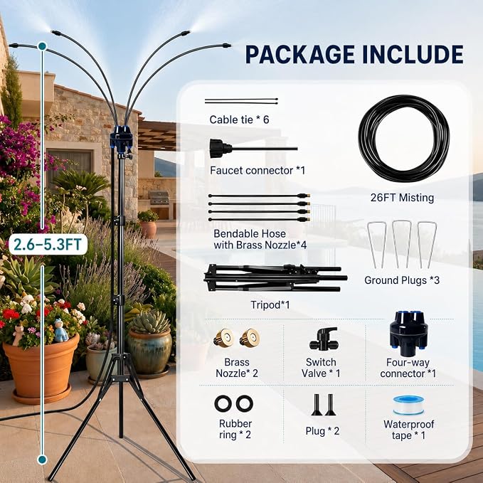 Upgraded Standing Misters for Outside Patio, 6FT Height Adjustable Outdoor Misting System, Portable Cooling Mister with Tripod, Brass Nozzles & 26FT Hose, Sprinkler for Tanning Backyard, Garden, Pets