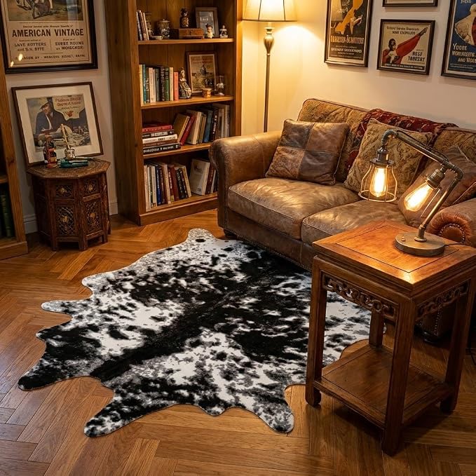 MustMat Faux Cowhide Rug,Cow Print Area Rug for Western Decor 5'2'' × 6'7'' | Black & White for Bedrooms, Living Rooms & Offices. Suits Industrial & Farmhouse Decor for Holiday & Parties