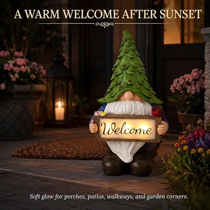 Solar Garden Gnome Statue with Welcome Sign, 13.5" Resin Outdoor Gnome Decor with LED Light, Cute Garden Statue for Yard, Porch, Patio, Lawn, Housewarming Gifts for Women Mom Grandma