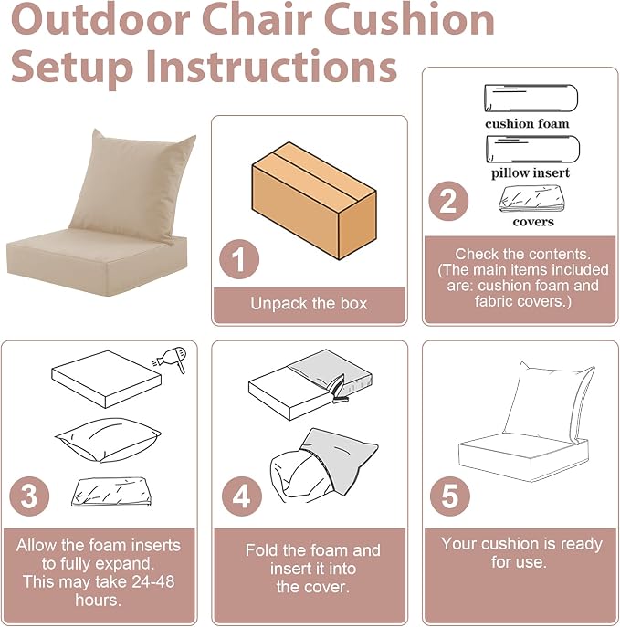 Outdoor Deep Seat Cushion Set, 24x24 Inch Water-Resistant & Fade-Resistant Outdoor Chair Cushions, Patio Furniture Cushions with Removable Cover for Patio Chair, Sofa, Beige (Set of 2)
