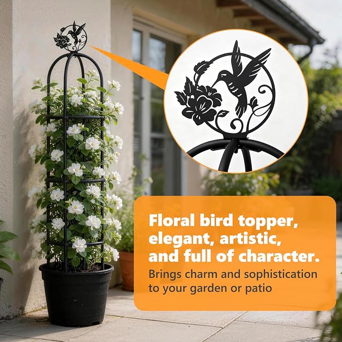 Elegant Outdoor Garden Trellis for Climbing Plants with All Premium Metal | Floral Bird Topper 5.9ft Tall, 7.7lbs Heavy Duty, Collapse Proof, Solid & Stable, for Outdoor Flower Vine Vegetable Support