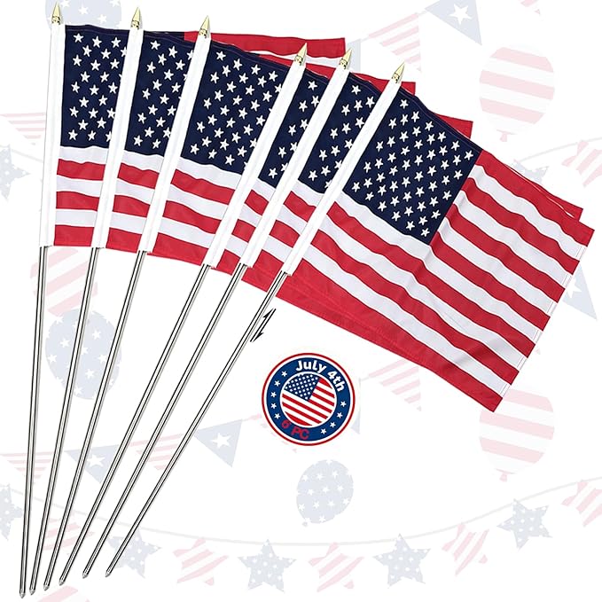 6 Pack Small American Flags on Stick, 12x18 Inch Mini Handheld USA Flag with Telescopic Stainless Steel Flag Pole, 4th of July US 250th Anniversary Decorations, Memorial Day Outdoor Decor