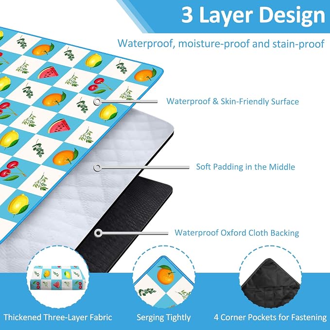 Checkered Picnic Blankets Waterproof Foldable, 60″X80″ Packable Picnic Mat Fruit Outdoor Blanket for Grass, Large Beach Blanket Sandproof Picnic Accessories for Camping Music Festival Park Lawn Travel