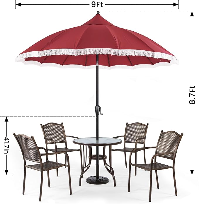 9' Patio Umbrella with Burgundy Canopy and White Fringe Accents, Black Frame Market Umbrella for Patio, Deck, and Backyard by Sun-Ray