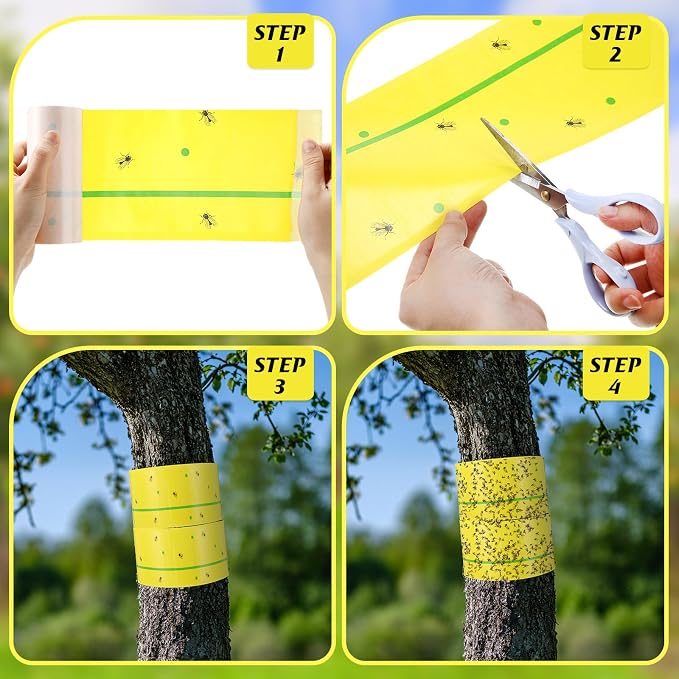 12 Rolls Spotted Lantern Fly Tree Trap 30 Feet Each Roll Lanternfly Tree Outdoor Fruit Fly Sticky Strips Paper Insect Sticky Barrier Trunk Wraps to Protect Plant, Lawn, Garden(Yellow and Green)