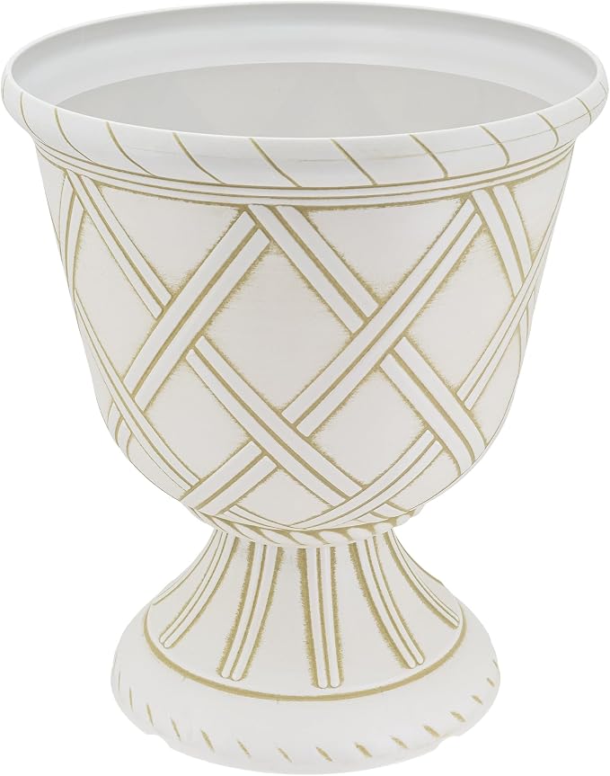 Arcadia Garden Products PL61BG Lattice Plastic Garden Urn, Classic Decorative Garden Pot Planter for Indoor and Outdoor Plants, Beige