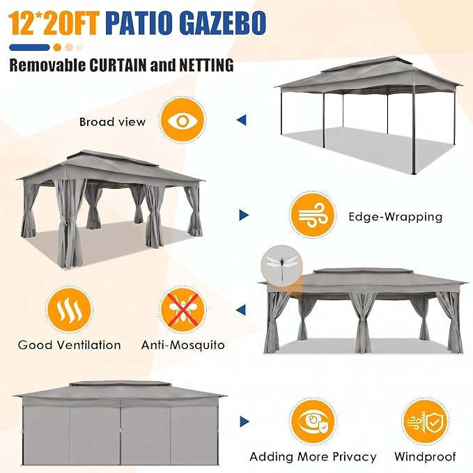 COBIZI Gazebo 12x20 FT Outdoor Gazebo on Clearance with Double Ventilated Arc Roof, Privacy Curtains & Mosquito Netting, Easy Set up Canopy Tent with Stable Metal Frame for Patio Gray