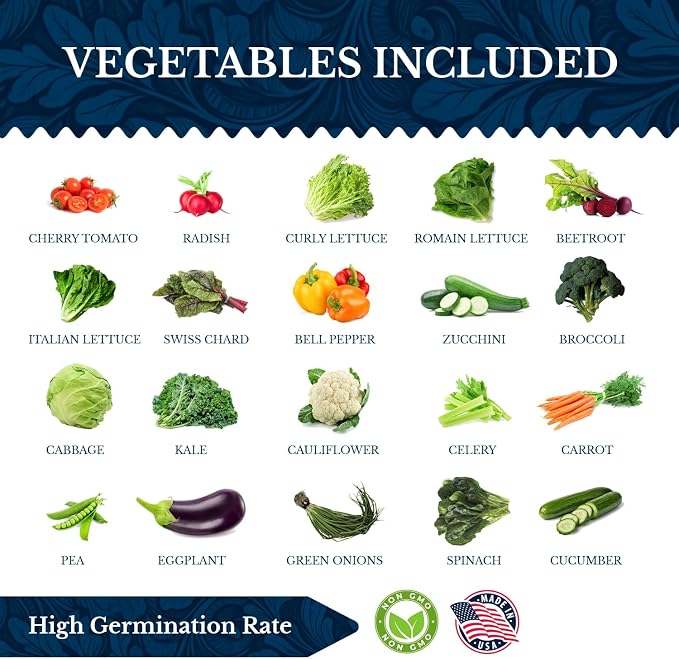 20 Vegetable Seeds Variety Pack - Complete Grow Kit Heirloom Vegetables Indoor Outdoors Vegetable Seeds, Tomatos, Broccoli, Carrots, Lettuce & More - DIY Starter Kit (Complete Starter Kit (w/Seeds))
