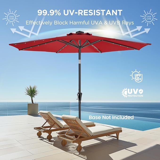 HOMSHADE 9ft Solar Patio Umbrella - Solar Lights LED Lighted Outdoor Market Table Umbrella, UPF50+ UV Protection with Push Button Tilt, Crank for Pool Deck and Garden (Burgundy Red)