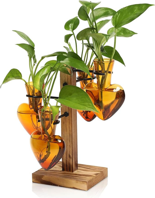 Plant Terrarium Propagation Stations with Wooden Stand | Glass Vase for Indoor Hydroponics Home Garden Office Decoration Gift for Women - 4 Love Bulb Vase