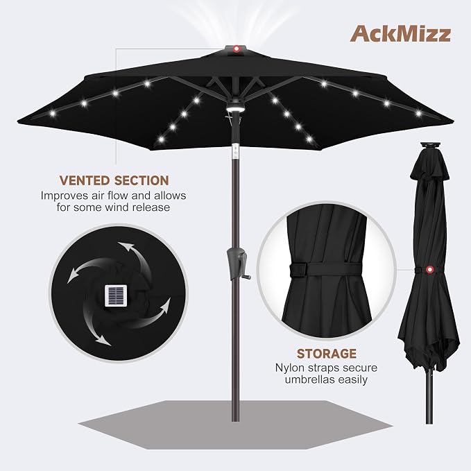 7.5FT Solar Umbrella Outdoor - Lighted Solar Patio Umbrella with 24 LED Lights Waterproof UV Protection, Table Umbrella with Tilt for Pool, Porch, Garden, Deck, Backyard (Black)
