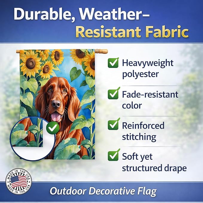 Caroline's Treasures DAC6098CHF Irish Setter in Sunflowers House Flag Large Porch Sleeve Pole Decorative Outside Yard Banner Artwork Wall Hanging, Polyester, House Size, Multicolor
