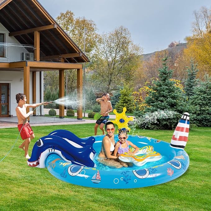 Inflatable Kiddie Pool with Slide and Sprinkler,Kids Pool for Outdoor Play | Marine Life Toddler Pool,Water Game Play Center,80" x 60" x 25"