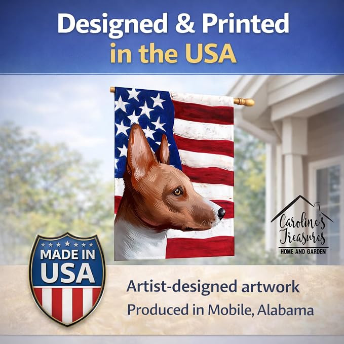Caroline's Treasures CK6417CHF Basenji American Flag House Flag Large Porch Sleeve Pole Decorative Outside Yard Banner Artwork Wall Hanging, Polyester, House Size, Multicolor