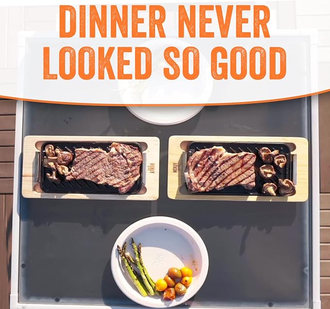 Yukon Glory Cast Iron Grill Pan Set | 2 Grooved Cast Iron Pans, Wooden Serving Trays & Clip-On Handle | Grill to Table | Gas, Charcoal & Campfire