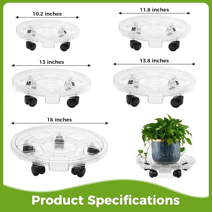 4 Packs 13 Inches Large Clear Plant Caddy Plant Saucers on Wheels Rolling Plant Stands Heavy-duty Plant Dolly Plastic Planter Roller Base Pot Movers Outdoor Plant Tray Coaster