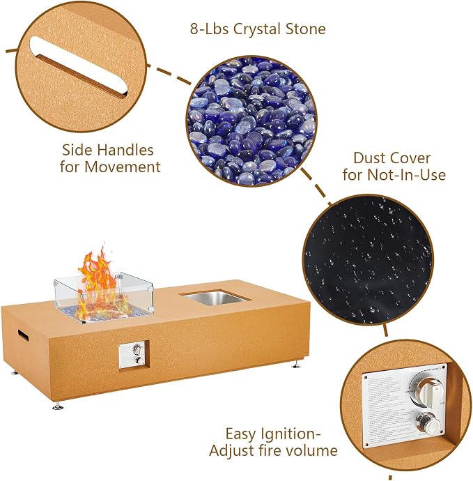 GarveeLife 56" Propane Fire Pit Table with Ice Bucket，50000BTU Fire Table with 13" Square Drink Ice Bucket Wind Guard, Fire Glass Beads & CSA Safety Certified Outdoor Firepit for Patio Garden(Orange)