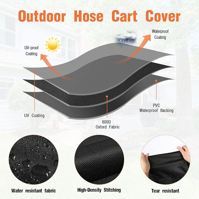 Garden Hose Reel Cart Cover, 600D Outdoor Hose Cart Covers for outside, Waterproof Anti-UV Hose Reel Cover, All Season Protection - 37.8"L x23.6"Wx 36"H