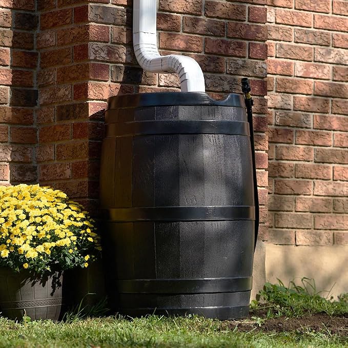 FCMP Outdoor RC45 45-Gallon Rain Barrel, Flat-Back Gutter Downspout Collector, Black - Includes 3.5-ft Hose, Shut-Off Valve & Debris Screen for Garden Rainwater Harvesting