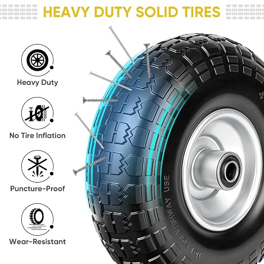 TICONN 10" Solid Tires, 2 Pack Flat Free 4.10/3.50-4'' Wheels with 5/8” Axle Bore Hole and Double Sealed Bearings (Silver, 2PK)