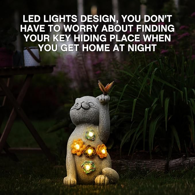 Riakrum Cat Hide a Key Outside Figurine Key Hider with Solar Light Yard | Resin Waterproof Garden Statue, Hidden Spare Key Compartment, Solar Lights Glow at Night, Gift for Women Homeowners