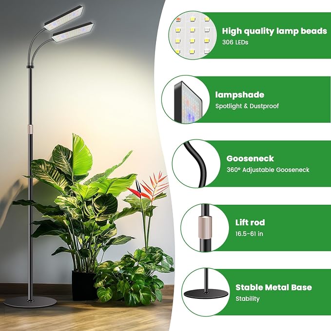 Wiaxulay Grow Light with Stand, Full Spectrum Floor Plant Lights for Indoor Growing, Height Adjustable 24-68, Ideal for Growing Large Plants, 4/8/12/16H Timer,3 Lighting Modes,306 LED (2 Heads)