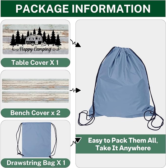Picnic Table Cover with Bench Covers Elastic Edges, Wood Camper Fitted Table Cover, Outdoor Camping Essentials 72 Inch 3PCS, Waterproof Camping Fitted Tablecloth with Drawstring Bag