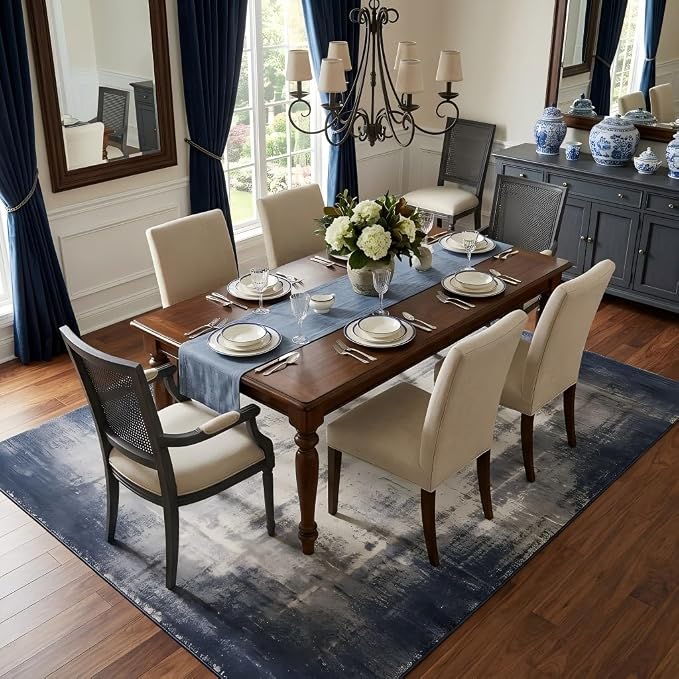 5x7 Navy Blue and Ivory Abstract Gradient Area Rug | Washable non-slip low-pile faux cashmere rug for living rooms, bedrooms and home offices; soft, foldable and easy to clean.