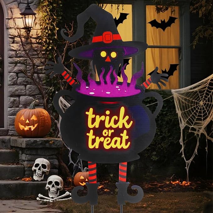 Witch Halloween Decorations Cauldron 39.7" with Trick or Treat Sign | Large Halloween Yard Stakes Metal for Garden, Lawn, and Outdoor Spooky Yard Decorations