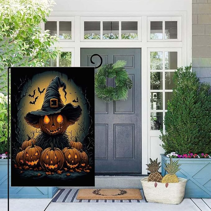EMMTEEY Halloween Garden Flag Scary Halloween 12.5X18 Double-Sided, Seasonal Yard Flags Pumpkin Bats Small Burlap Garden Flags for Outside Front/Back Door