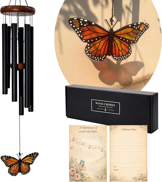 Monarch Butterfly Wind Chimes for Outside - Glass Pendant Hanging Butterfly Decorations- Deep Tone Memorial Windchime for Garden, Porch Decorations - Wind Chimes for Women, Mother's Day, Grandma