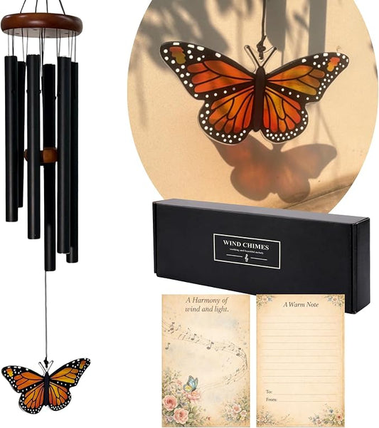 Monarch Butterfly Wind Chimes for Outside - Glass Pendant Hanging Butterfly Decorations- Deep Tone Memorial Windchime for Garden, Porch Decorations - Wind Chimes for Women, Mother's Day, Grandma