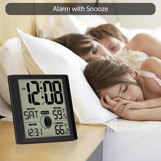 Atomic Wall Clock with Indoor/Outdoor Temp Large Number Display | Wall Clock Battery Operated, Alarm Clock,Silent,Analog,Modern,Digital,for Bedroom Dementia Seniors Desk Office Kitchen